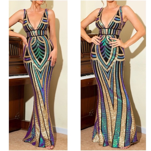 Luxe Sequin Multicolor Fitted Mermaid Party Evening Wedding Dress XS S M L XL